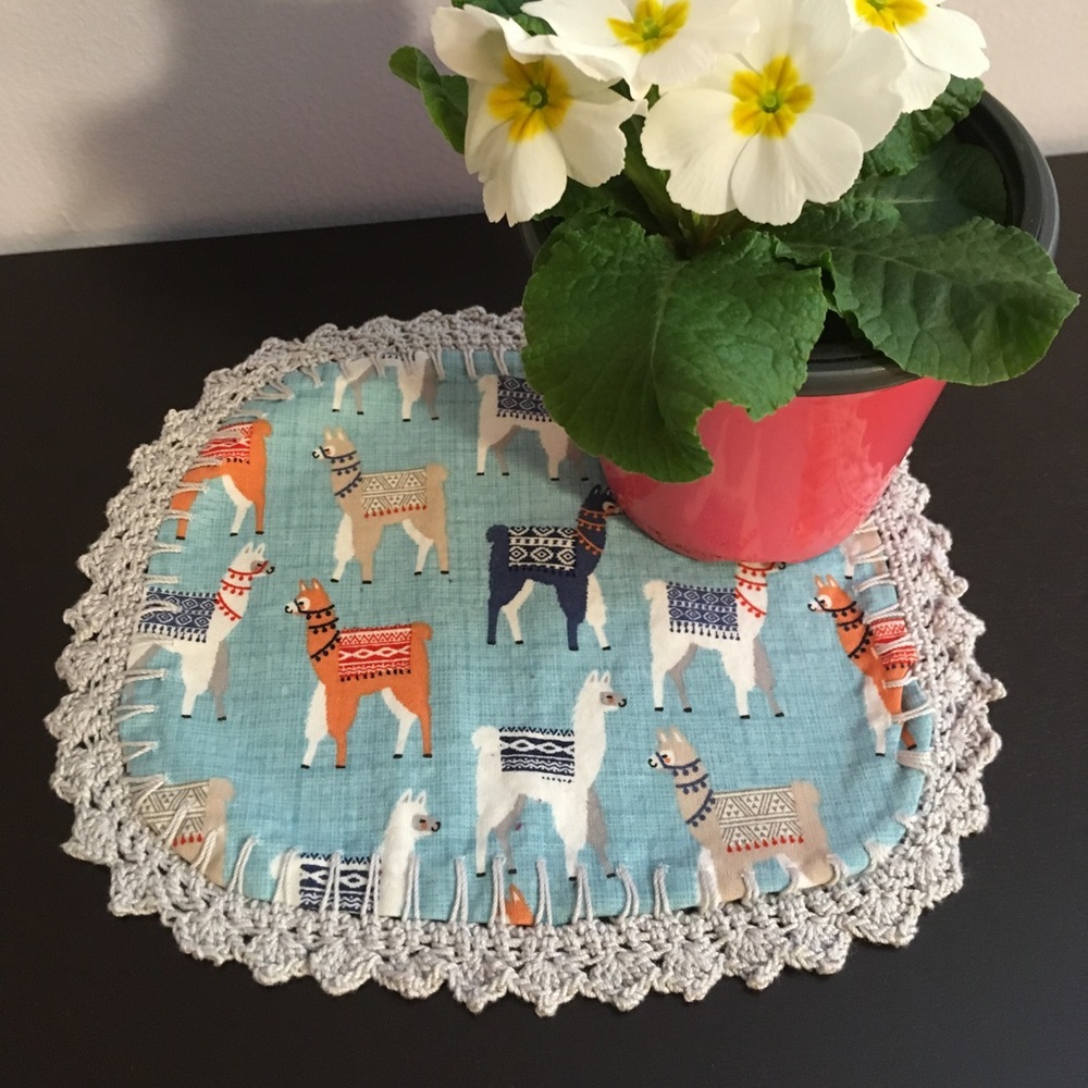 Llama doily table scarf handmade! Fun home decor!